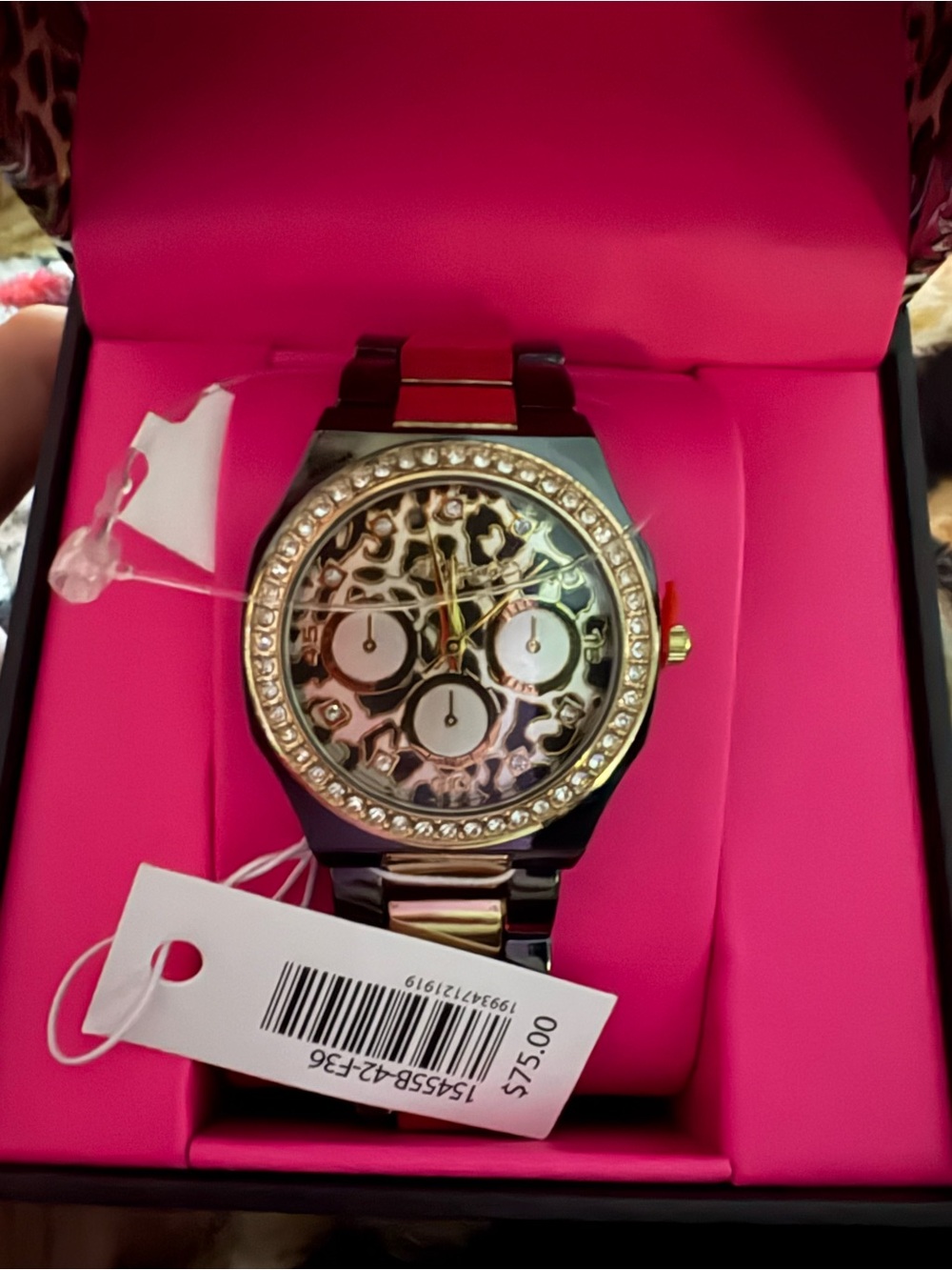 EdHardy Gold and Black Leopard-Print Crystal Accent Women's Watch